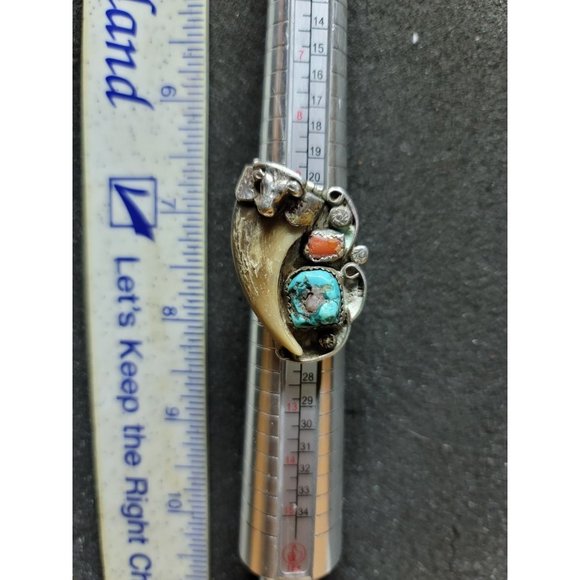 Native Other - Vintage Native Made Wolf Claw Turquoise Coral Men's Ring Size 10.5